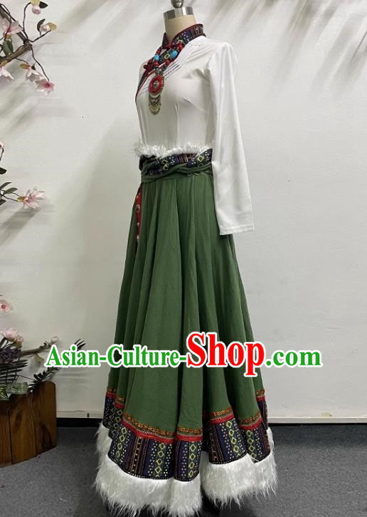 White and Green Tibetan Dance Women Large Swing Skirt Tibetan Clothing Minority Practice Clothing Art Test Practice Performance Clothing