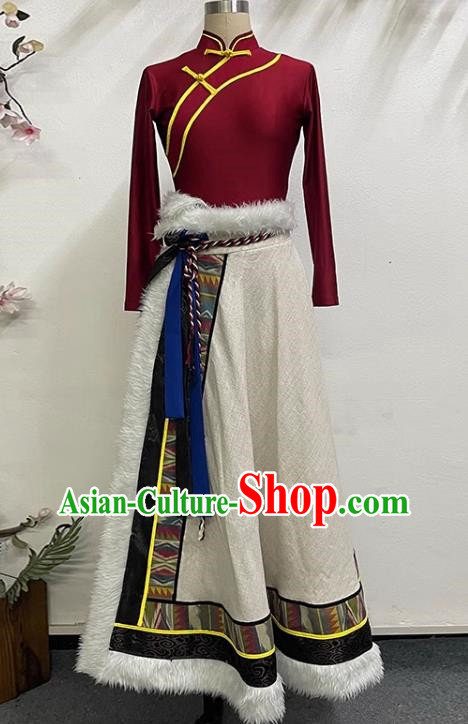 Red and White Tibetan Dance Women Big Swing Skirt Tibetan Clothing Minority Practice Clothing Art Test Practice Performance Clothing