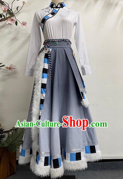 White Gray Tibetan Dance Women Big Swing Skirt Tibetan Clothing Minority Practice Clothing Art Test Practice Performance Clothing