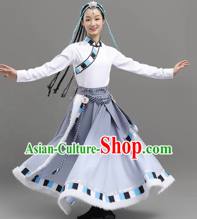 White Gray Tibetan Dance Women Big Swing Skirt Tibetan Clothing Minority Practice Clothing Art Test Practice Performance Clothing