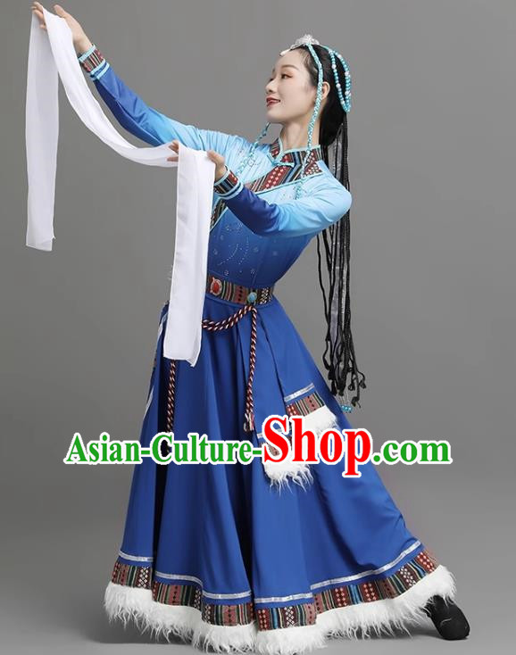 Dark Blue Tibetan Dance Women Big Swing Skirt Tibetan Clothing Ethnic Minority Practice Clothing Art Test Practice Performance Clothing
