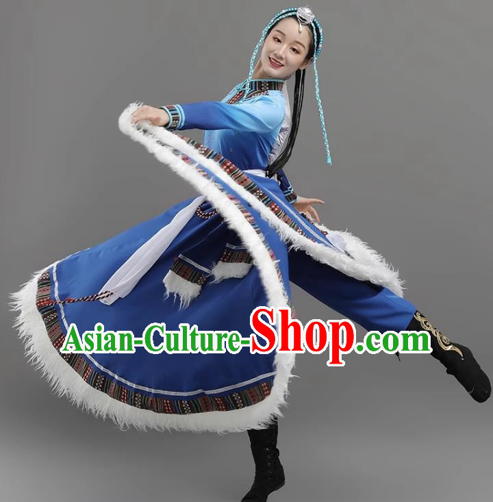 Dark Blue Tibetan Dance Women Big Swing Skirt Tibetan Clothing Ethnic Minority Practice Clothing Art Test Practice Performance Clothing