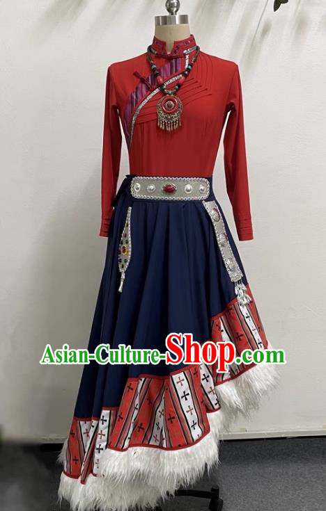 Red Tibetan Dancing Women Big Swing Skirt Tibetan Clothing Ethnic Minority Practice Clothing Art Test Practice Performance Clothing