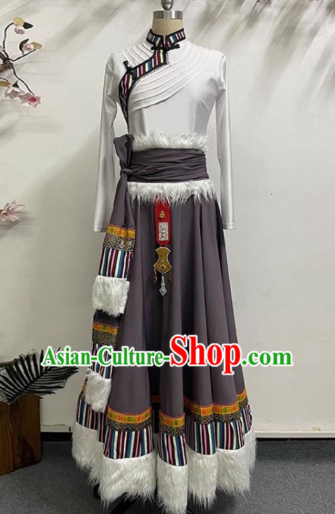 White Brown Tibetan Dance Women Large Swing Skirt Tibetan Clothing Minority Practice Clothing Art Test Practice Performance Clothing
