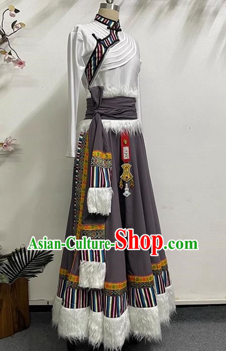 White Brown Tibetan Dance Women Large Swing Skirt Tibetan Clothing Minority Practice Clothing Art Test Practice Performance Clothing