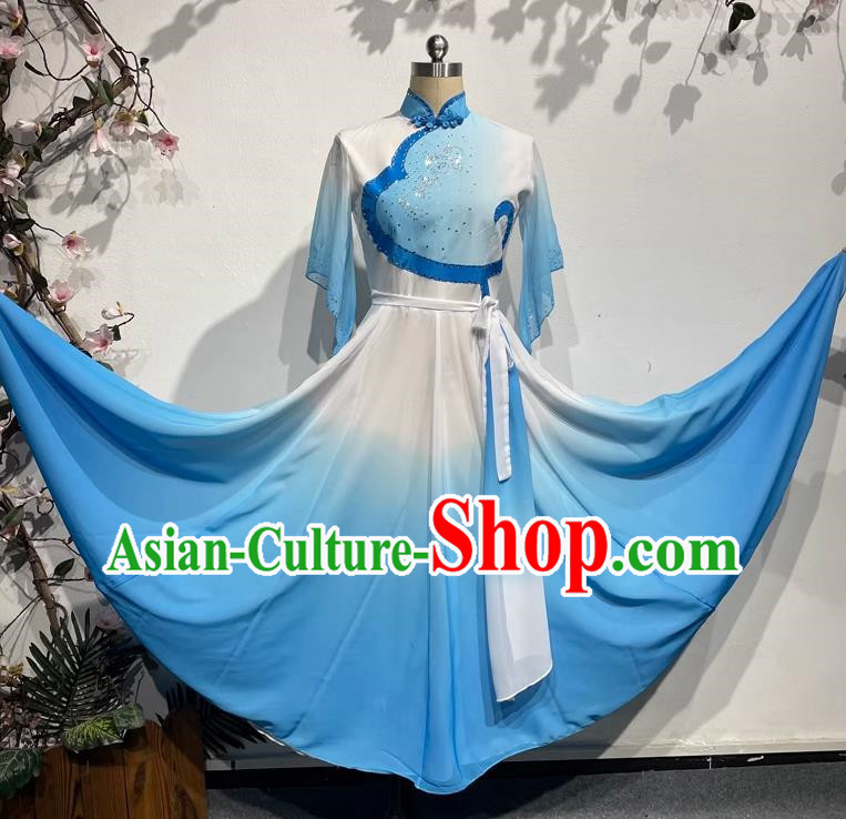 Blue Dance Students Such As Summer Flowers with Dress Fan Dance Practice Skills Examination Jiaozhou Yangko Dance Costumes Performance Costumes