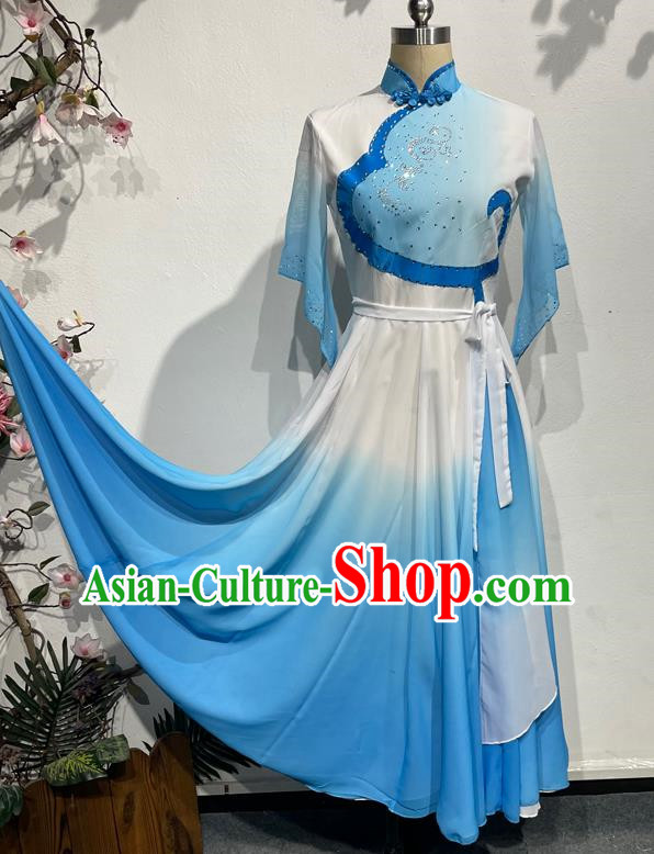 Blue Dance Students Such As Summer Flowers with Dress Fan Dance Practice Skills Examination Jiaozhou Yangko Dance Costumes Performance Costumes