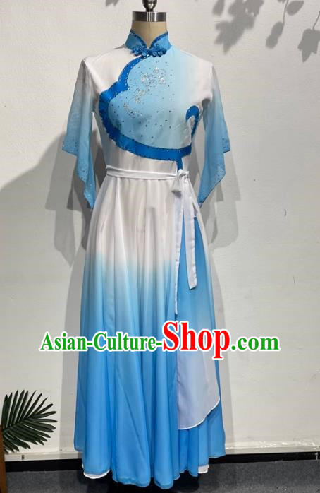 Blue Dance Students Such As Summer Flowers with Dress Fan Dance Practice Skills Examination Jiaozhou Yangko Dance Costumes Performance Costumes