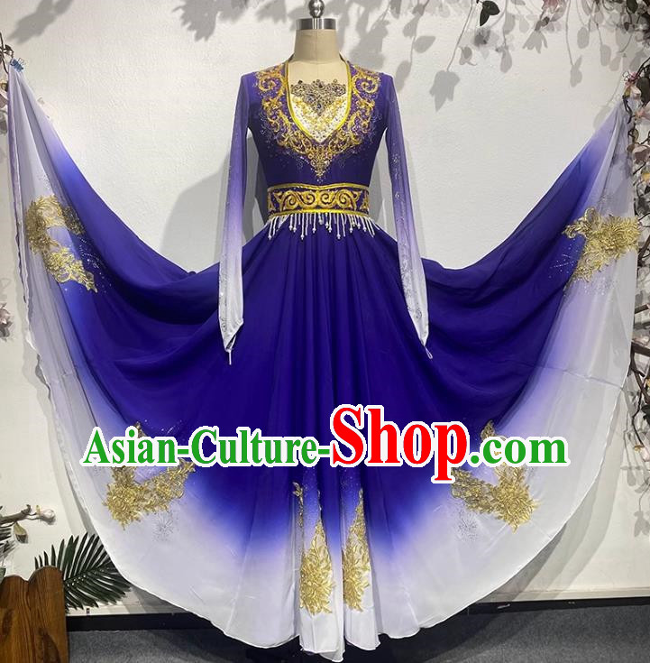 Dark Blue Uighur Dance Art Examination Performance Clothing China Xinjiang Dance Ethnic Style Clothing Adult Big Skirt Practice Performance