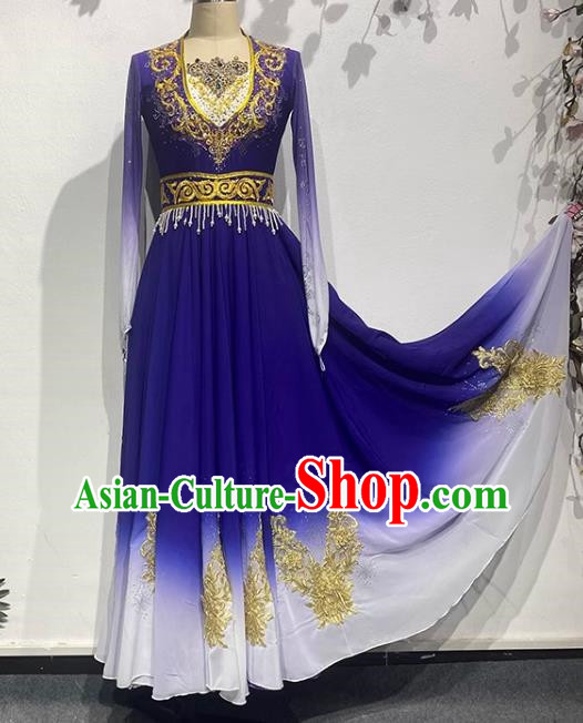Dark Blue Uighur Dance Art Examination Performance Clothing China Xinjiang Dance Ethnic Style Clothing Adult Big Skirt Practice Performance