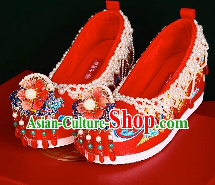 Xiuhe Wedding Shoes Zhenghong Phoenix Beaded Chinese Style Bridal Embroidered Shoes Ming Dynasty Hanfu