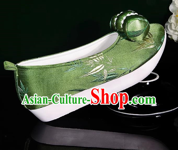 Green Hanfu Shoes Women Original Ancient Style Inner Heightening Round Toe Soft Soled Shoes Ming System Horse Face Climbing Cloud Shoes