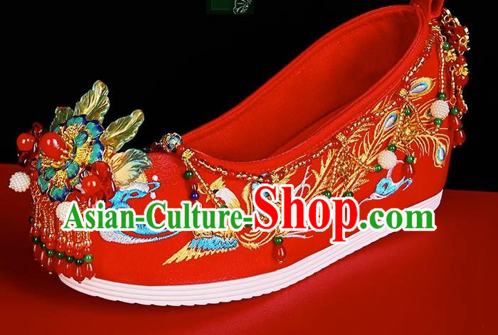 Handmade Xiuhe Clothing Wedding Shoes 6cm Bride Red Hanfu Shoes Female Embroidery