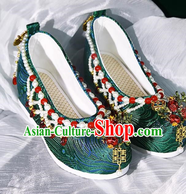 Handmade Beaded Hanfu Shoes Women Inner Increase High School Heel Cloth Shoes Ancient Costume Xiuhe Wedding Shoes Green