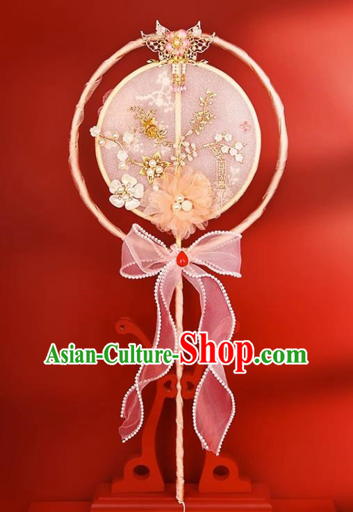 Pink Group Fan Ancient Fan Semi Transparent Long Handle Tassel Dance Fan Female Ancient Costume Hanfu