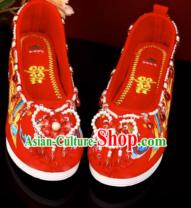 Red Hanfu Shoes Embroidery Inner Increase Original Pearl Chinese Style Xiuhe Shoes Ancient Costume