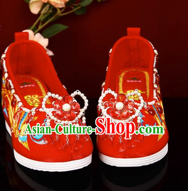 Red Hanfu Shoes Embroidery Inner Increase Original Pearl Chinese Style Xiuhe Shoes Ancient Costume