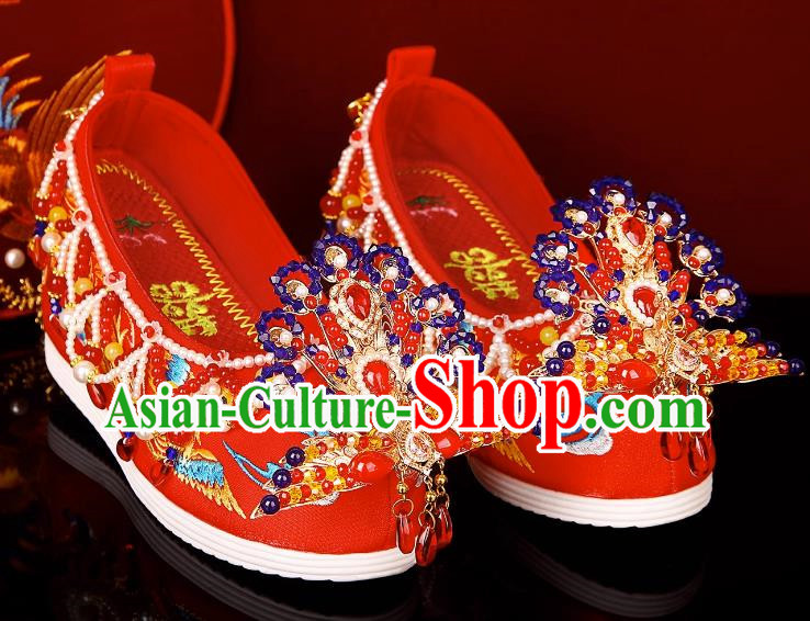 Wedding Shoes Female Bride Phoenix Chinese Style Heavy Industry Beaded Red Embroidered Shoes Pearls