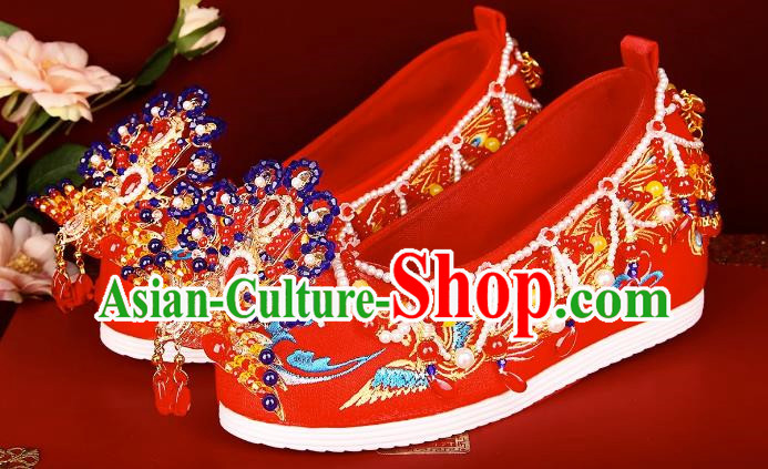 Wedding Shoes Female Bride Phoenix Chinese Style Heavy Industry Beaded Red Embroidered Shoes Pearls