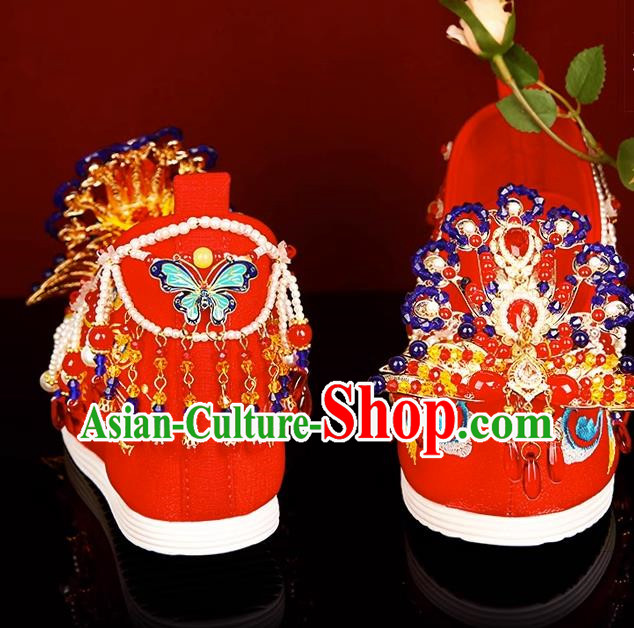 Wedding Shoes Female Bride Phoenix Chinese Style Heavy Industry Beaded Red Embroidered Shoes Pearls
