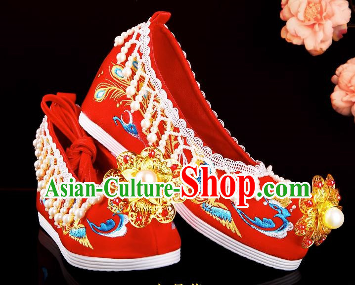 Chinese Wedding Shoes Hanfu Wedding Xiuhe Clothing With Shoes Pearl Tassel Embroidery