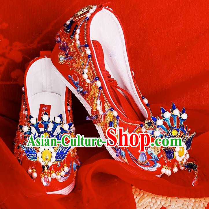 Agate Freshwater Pearl Chinese Style Xiuhe Wedding Shoes Women Embroidered Shoes Red