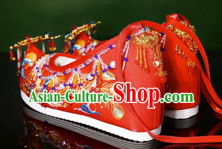 Handmade Beaded Tassel Wedding Shoes Xiuhe Clothing Matching Shoes Red Chinese Wedding Hanfu Shoes