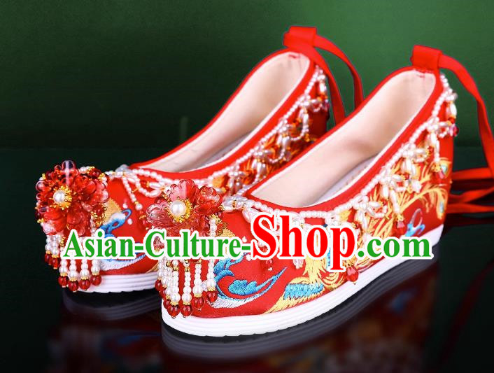 Xiuhe Wedding Shoes Red Beaded Tassel Chinese Style Embroidered Wedding Shoes Women