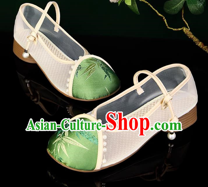 Sandals Pearl Round Toe Buckle Mesh Breathable Sandals Women Antique Hanfu Shoes