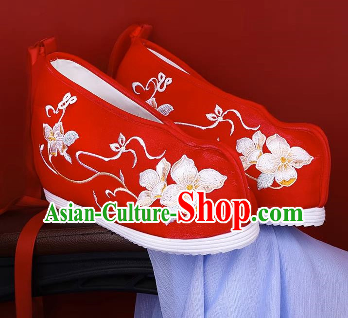 Women Red Ancient Costume Hanfu Shoes Cloth Shoes Inner Heightening Embroidered Shoes
