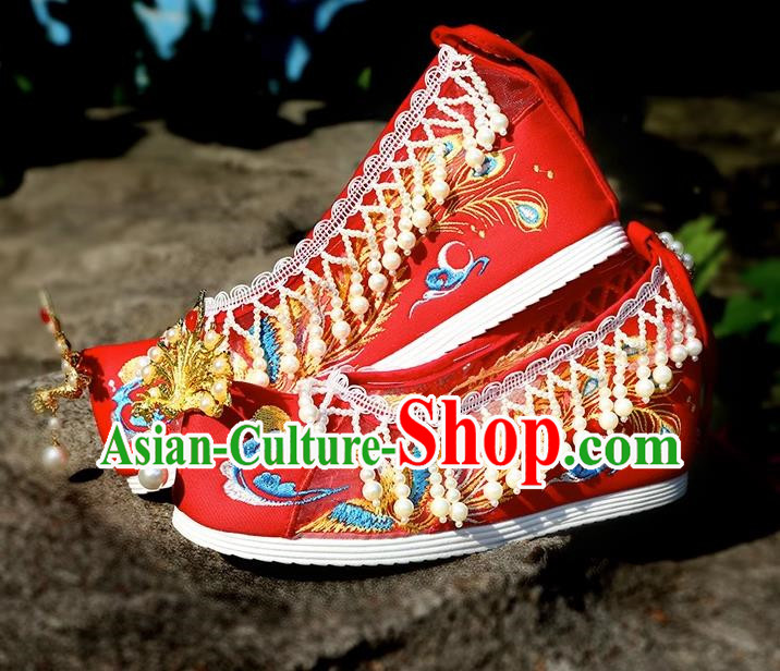 Hanfu Wedding Shoes Women Inner Height Increase Breathable Wedding Xiuhe Shoes Are Red
