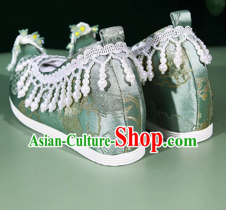 Hanfu Shoes Women Ancient Style Weaving Golden Lily Of The Valley Flower Pearl Tassel Green Inner Height Increasing Cloth Shoes