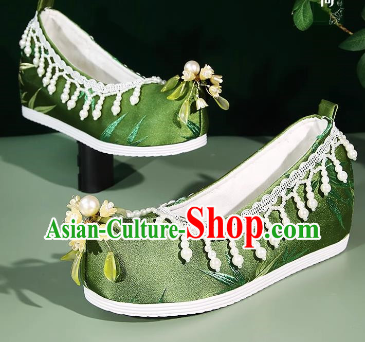 Hanfu Shoes Women Bell Orchid Bamboo Leaves Ancient Style Satin Jacquard Beaded Pearl Tassel Inner Increase
