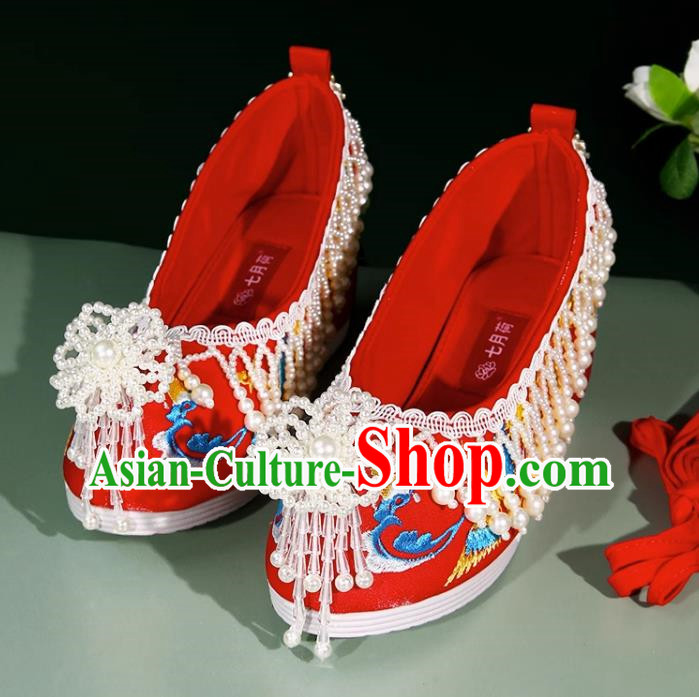 Xiuhe Wedding Shoes Handmade Beaded Pearl Tassel Red Ming Wedding Chinese Style Embroidery