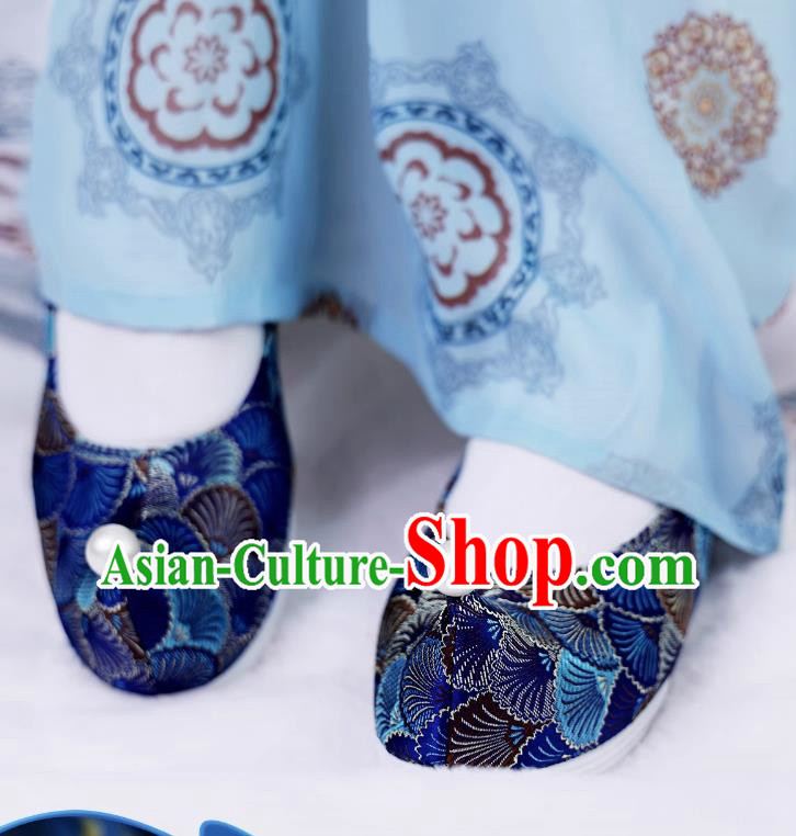 Warped Head Ancient Style Hanfu Shoes Women Inner Height Increase Woven Gold Pearl Cloth Shoes