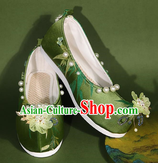 Hanfu Shoes Women Handmade Beaded Pearl Flower Ancient Cloth Shoes