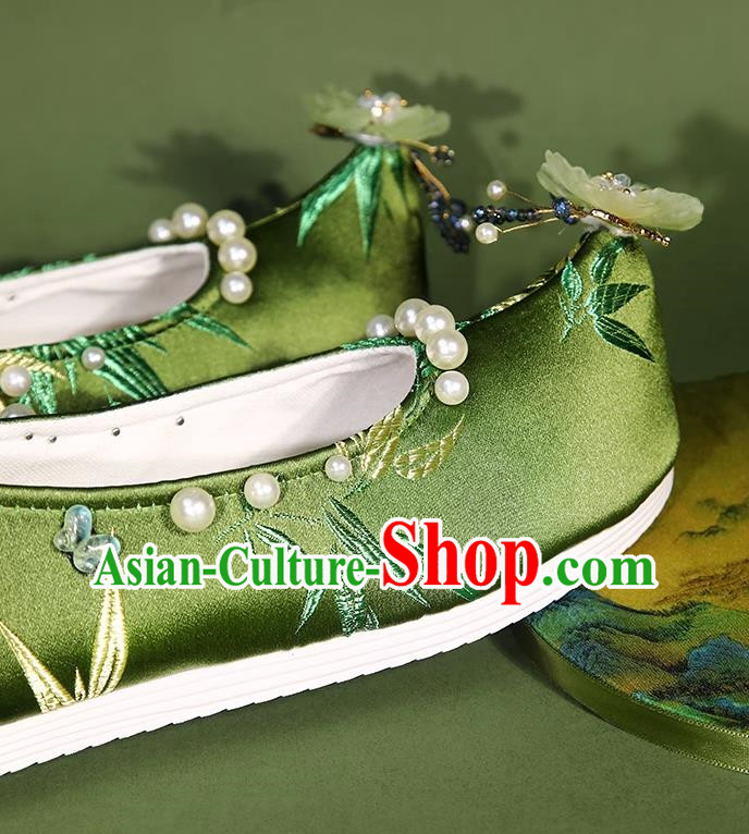 Hanfu Shoes Women Handmade Beaded Pearl Flower Ancient Cloth Shoes