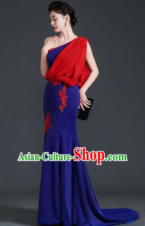 Chinese Design Evening Dress Trailing Fishtail Self Cultivation Stage Chorus Catwalk Performance Clothing One Shoulder