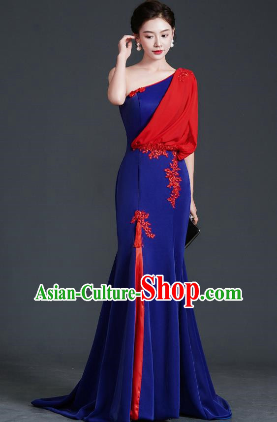 Chinese Design Evening Dress Trailing Fishtail Self Cultivation Stage Chorus Catwalk Performance Clothing One Shoulder