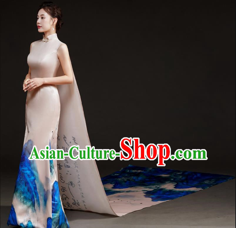 Chinese Design High End Long Tailed Performance Costume Art Test Host Fishtail Dress A Thousand Miles Of Rivers And Mountains Catwalk