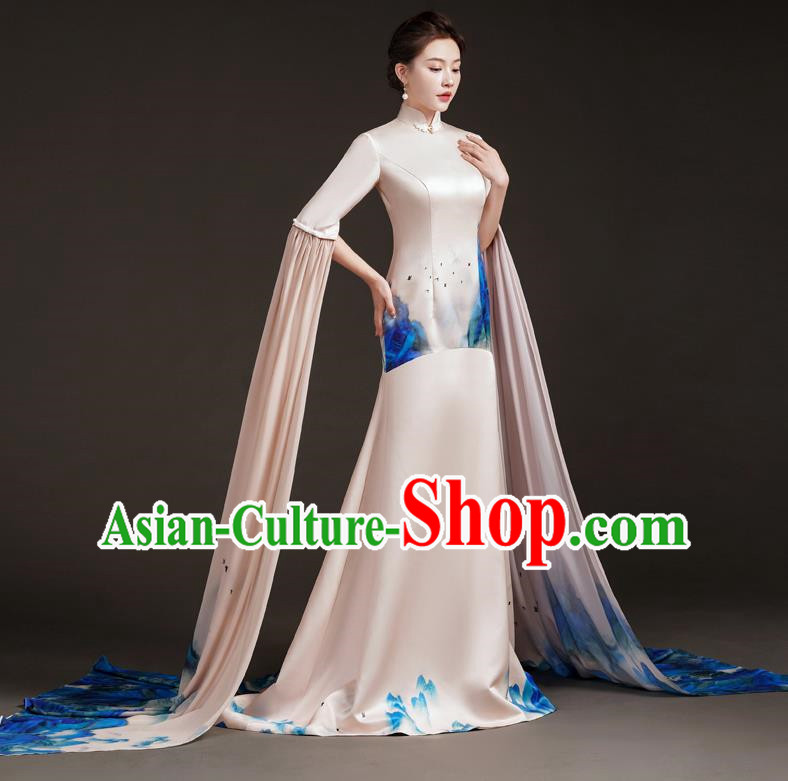High End Small Trailing Costumes Water Sleeve Art Test Solo Guzheng Playing Dress Mermaid Model Catwalk