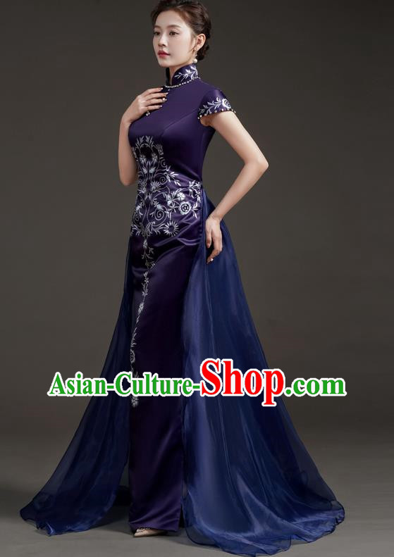 Chinese High End Improved Cheongsam Extended Model Team Catwalk Stage Folk Music Performance Clothing Printing