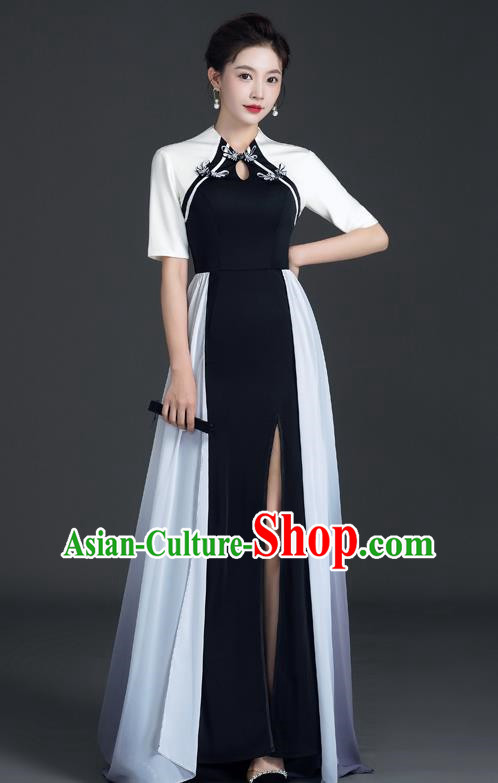 Chinese Design Black Fishtail Slit Dress Cheongsam Model Team Catwalk High End Temperament Costumes
