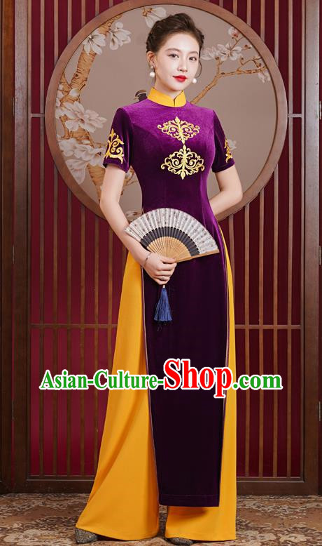 Purple Velvet Ao Dai Modified Cheongsam Dress Mother Catwalk Costume