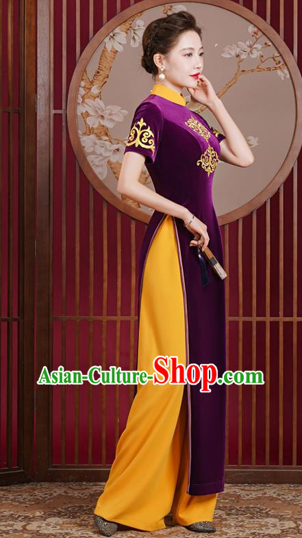 Purple Velvet Ao Dai Modified Cheongsam Dress Mother Catwalk Costume