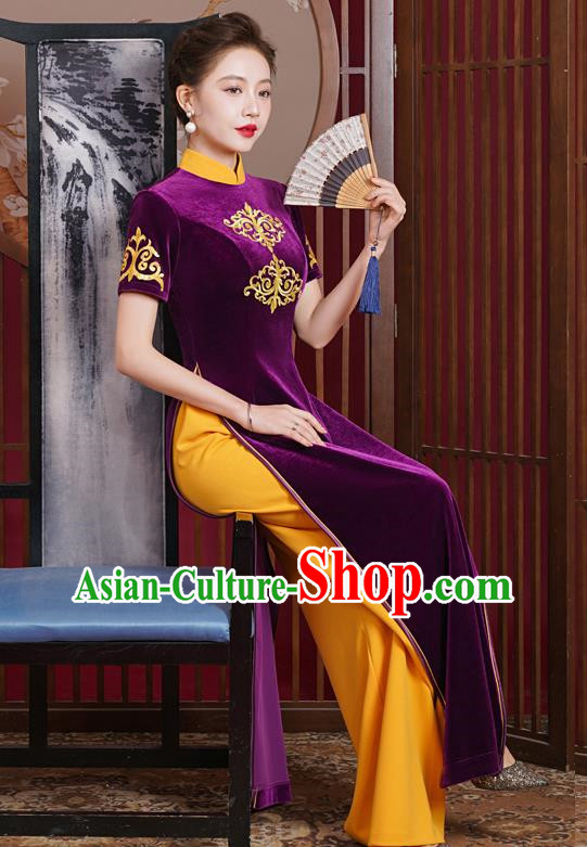 Purple Velvet Ao Dai Modified Cheongsam Dress Mother Catwalk Costume