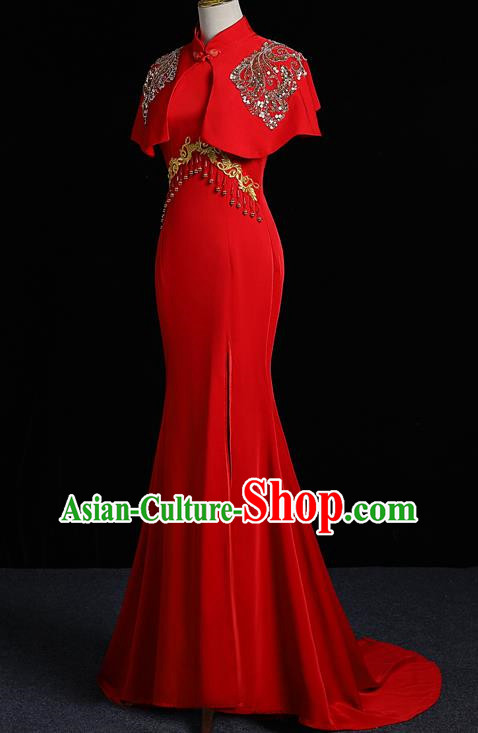 Chinese Design Red Senior Evening Dress Trailing Long Fishtail Slim Banquet Elegant Temperament Catwalk Dress Skirt