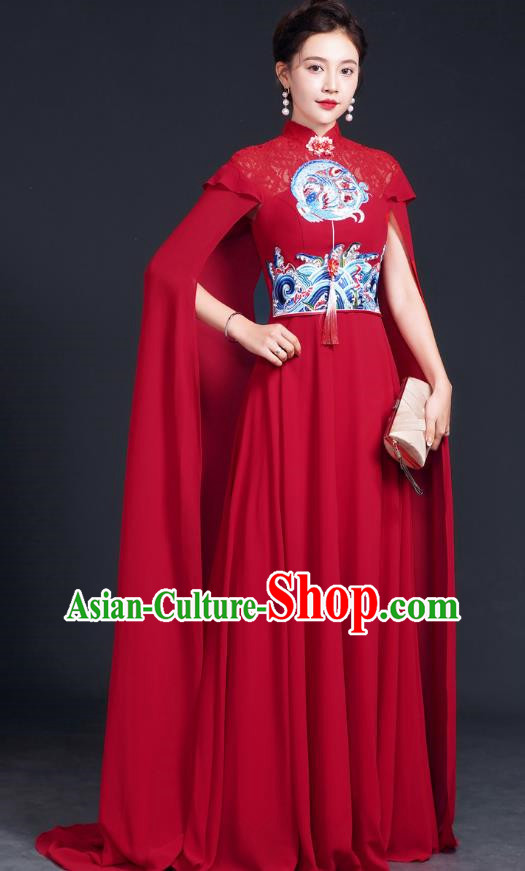 Improved Catwalk Cheongsam Long Section Chinese Red Costume Big Cape Fairy Skirt Model Choir