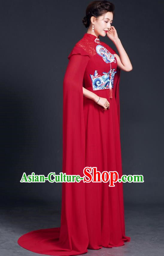 Improved Catwalk Cheongsam Long Section Chinese Red Costume Big Cape Fairy Skirt Model Choir
