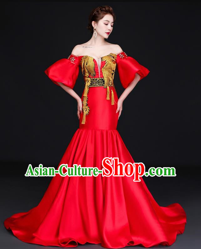 Chinese Design High End Trailing Banquet Evening Dress Long Fishtail Self Cultivation Model Catwalk Dress One Shoulder Costume